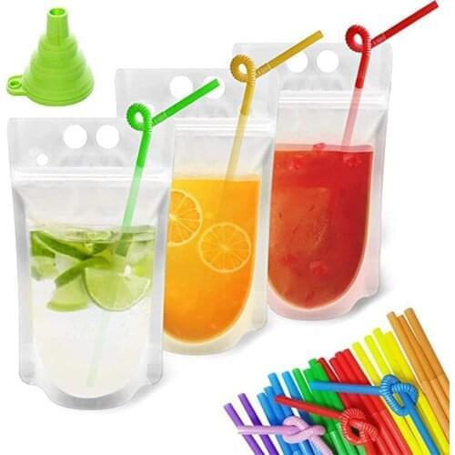 2000Pcs/Lot 500ML Drinking Juice Plastic Bag Beverage Pouch Drink Bag with Handle Soup Liquid Bags With Straws Wholesale