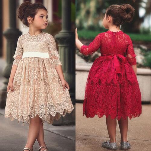 2019 Toddler Kids Girl Hollow Out Lace Flower Dress Wedding Party Princess Dresses Kids Girls Casual Clothes 2---7T