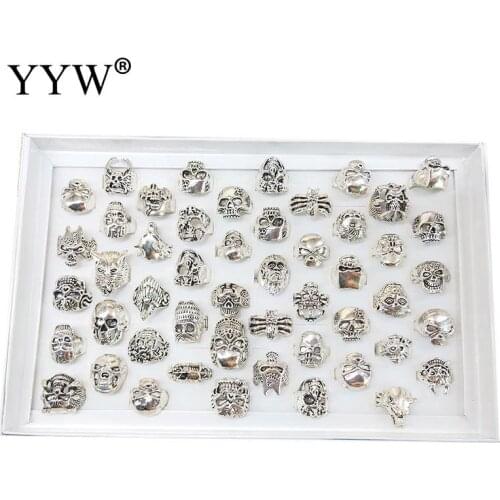 50pcs/Box Zinc Alloy Finger Ring Wholesale For Women Gothic Rings US 6-15 Fashion Jewelry Stylish Punk Ring Sets For Man Woman