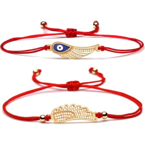Sparkling Cubic Zriconia Stones Copper Blue Turkish Evil Eye Angel Wing Charm Bracelet Bring Good Luck Wish Red String Jewelry