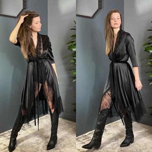 Black Women Dressing Gown Silk Lace Tea Length Wedding Morning Party Pajamas Women Bathrobes Bride Boudoir Sleepwear Nightgowns