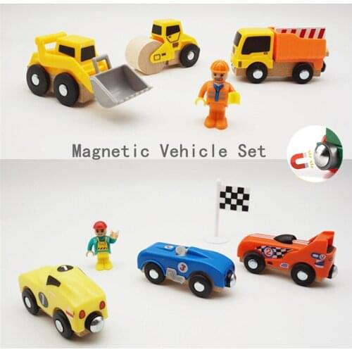 Moulty Wooden Magnetic Train Vehicle Set for Kids Magnetic Stitching Toy Cars and Trucks for Train Rail or Road Sets Kids Gift