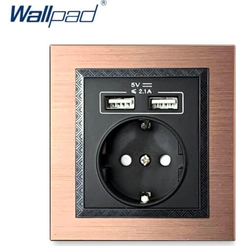 EU Socket With 2 Usb Port Charger 5V 2100mA Brown Aluminum Alloy Panel Wallpad Luxury Wall Double USB Electric Power Outlet