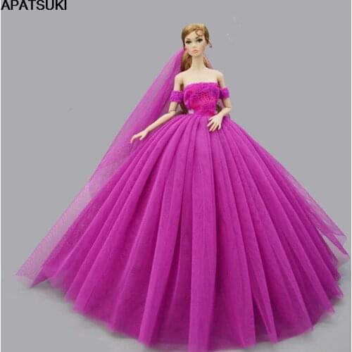 Purple Fashion Wedding Dress for Barbie Doll Clothes Princess Evening Dresses Party Gown Outfits With Veil 1/6 Doll Accessories