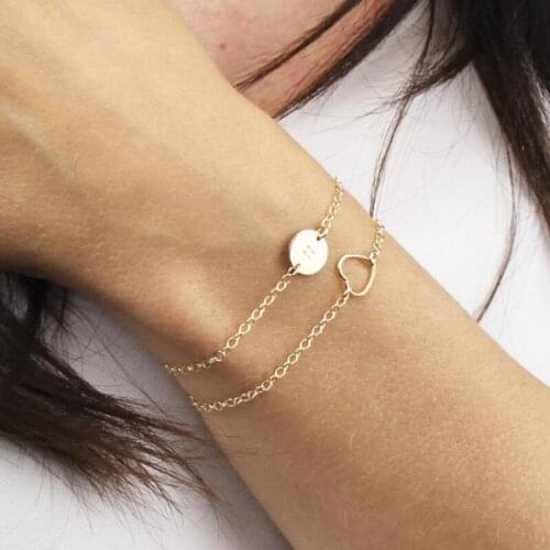 Fashion womens stainless steel heart-shaped double-layer bracelet with initials, simple temperament charm, womens jewelry gift