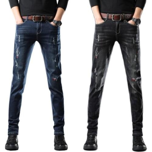 Mens color contrast ripped denim pants classic blue jeans distressed wash black jeans slimming men’s elastic long pants