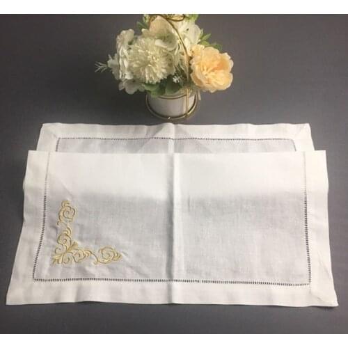 Set of 12 Fashion Ninner Napkins white Hemstitched linen Table Napkin with Gold Color Embroidered Floral 22X22-inch