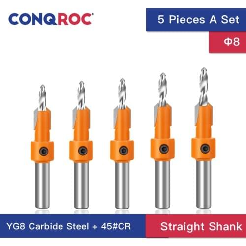 5 Pieces YG8 Carbide Steel Countersink Drill Bits Set Cutting Diameter 8mm Woodworking Tapered Hole Drill for Wood Screws