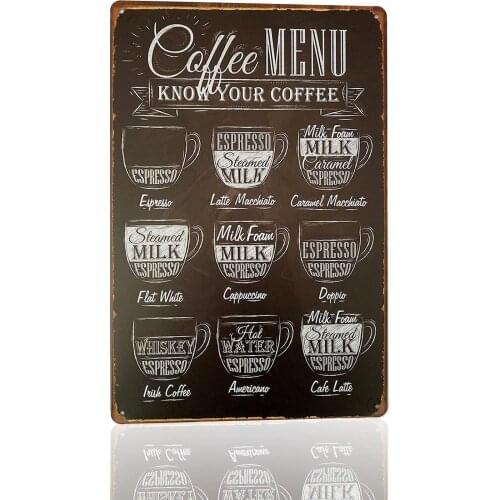 Coffee Menu Know Your Coffee Bar Pub Wall Decor Art Poster Vintage Tin Sign 8x12Inch