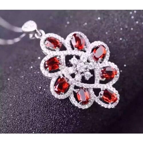 Natural red garnet stone pendant S925 silver Natural gemstone Pendant Necklace trendy elegant big Circle Flowers women jewelry