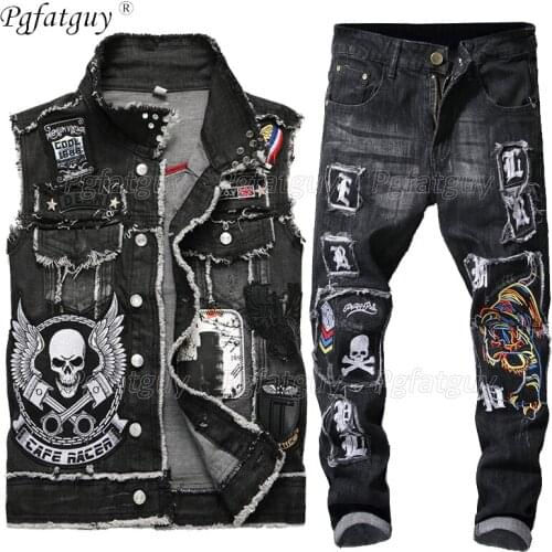 2021 New Mens Motorcycle Sets Washed Black Embroidered Skull Two Piece Set Cowboy Vest + Frayed Tiger Badge Stretch Hole Jeans