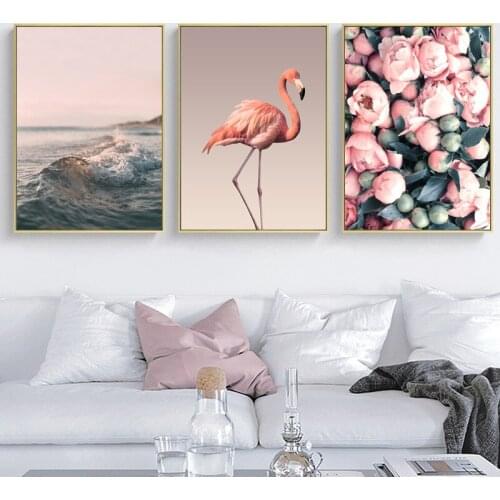 Scandinavian Poster Nordic Ocean Bridge Flamingo Wall Art Pink Rose Canvas Print Seascape Painting Tropical Picture Home Decor