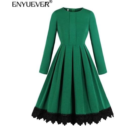 Enyuever Elegant Green Women Dress Spring Vintage Clothes Lace Long Sleeve Robe Pin Up Swing Pleated Party Office Ladies Dresses