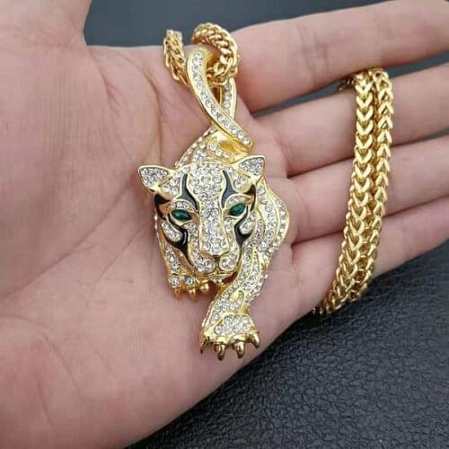 Popular Mens Gold Color Inlaid Austrian Rhinestone Tiger Animal Pendant Male Necklace for Party Jewelry Accessories