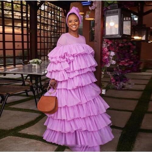 Latest Aso Ebi Lavender Ruffles Tulle Long Women Dresses Fashion Long Sleeves African Party Dress Draped Tulle Mesh Long Robe