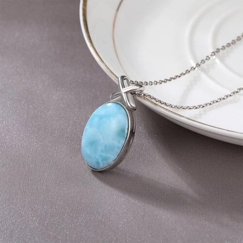 Plated Gold 925 Sterling Silver Jewelry Gifts Classic Pendant Necklace Natural Precious Dominica Larimar Retro Woman Oval Charm