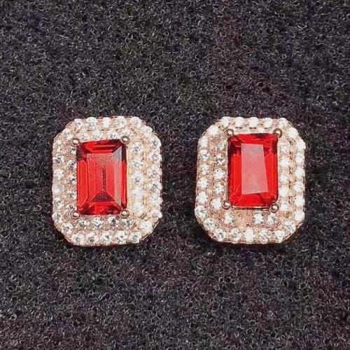 Natural real red garnet rectangle stud earring Per jewelry 4*6mm 0.8ct*2pcs gemstone 925 sterling silver Fine jewelry X21793