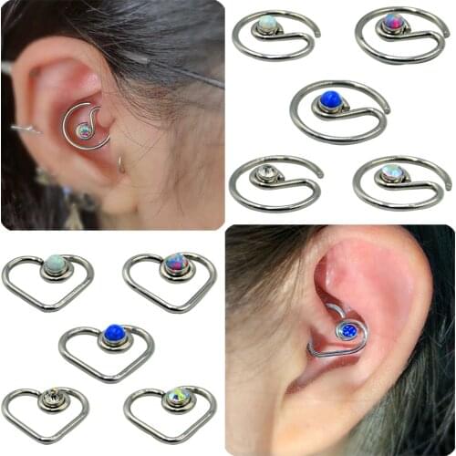 1PC Opal Daith Earring Heart&Round Shape CZ Gem Bendable Ear Tragus Diath Cartilage Helix Rook Piercing Earring Body Jewelry