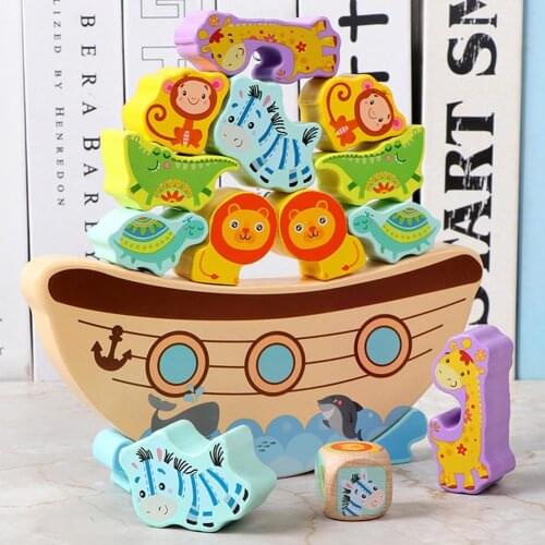 Bitable Paint Blocks Boat Wave Base Animal Stacking Balance Game Wooden Building Blocks for Children Baby Toy Gift