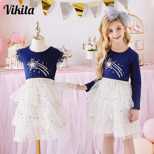 VIKITA Girls Princess Dress Toddlers Starry Sequins Dress Girls Kids Birthday Party Gown Dresses Children Spring Autumn Clothes
