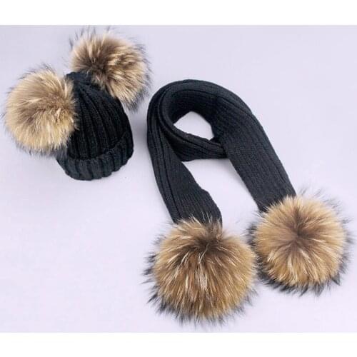 Autumn and Winter Parent-Child Knitted Hat Scarf Set Two-Piece Suit Raccoon Real Fur Ball Acrylic Beanie winter hats for women