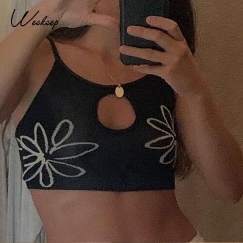 Weekeep Vintage Floral Print Y2K Knitted Camisole Women Aesthetic Knitwear Sleeveless Crop Top Fashion 2000s Cami Tee Streetwear