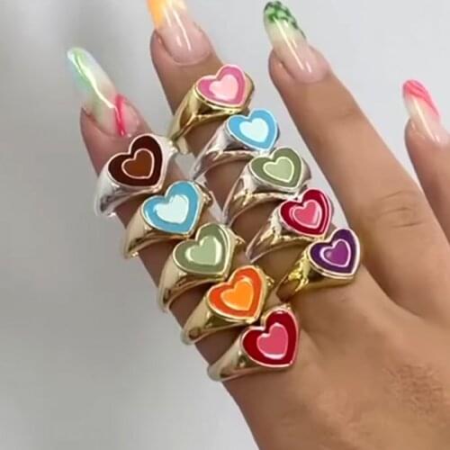 Y2K Jewelry Rainbow Colour Heart Rings For Women 90s Aesthetic Vintage Charms Fashion INS Ring 00s Style Friends Gifts Wholesale