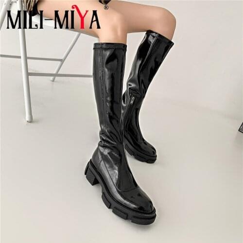 MILI-MIYA Brand Design Sexy Chunky Platform Women Riding Knee High Boots Delicate Patent Leather Round Toe Zip Night Club Shoes