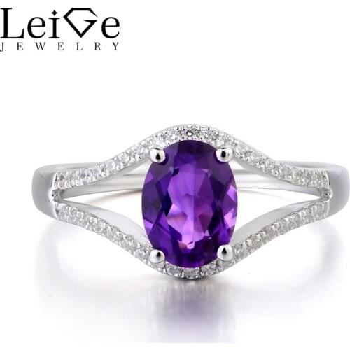 Leige Jewelry Genuine Natural Amethyst Ring Solid 925 Sterling Silver Oval Cut Birthstone Gemstone Engagement Wedding Rings