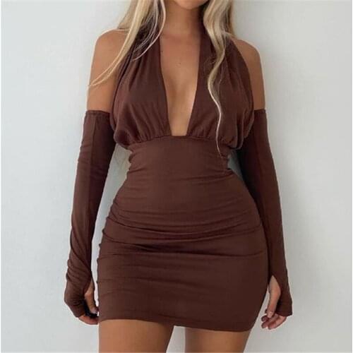 Womens Brown Off-Shoulder With Gloves Halter Sexy Mini Dress Club Night Party Backless Bodycon Elegant Ruched Dress 2021 Autumn