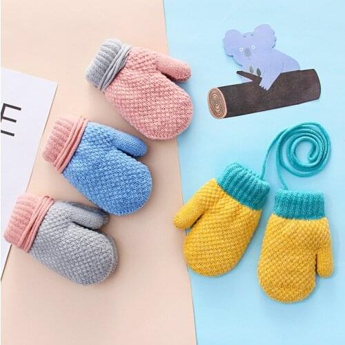 New Arrival Winter Baby Boys Girls Knitted Gloves Warm Full Finger Mittens Gloves with Rope For Children Toddler Kids 2-4Years