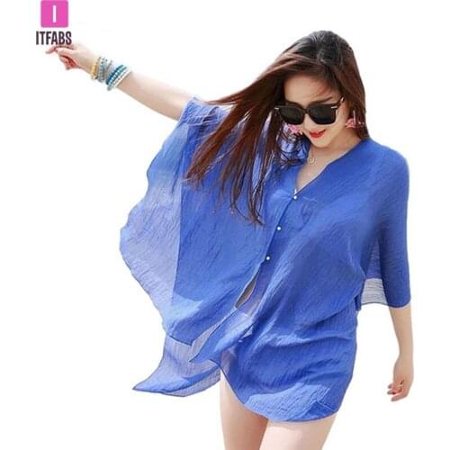 2020 Hot sale soild v-neck New Summer Sexy Women Cover Up Kaftan Chiffon Swim Wear Beach Wear Bikinis Sundress Beach Dress