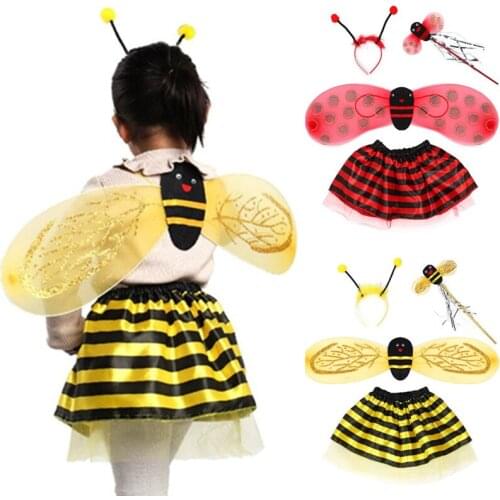 4Pcs/Set Kid Fairy Costume Set Ladybird Bee Glitter Cute Wing Striped Layered Tutu Skirt Wand Headband Dress Up Halloween Outfit