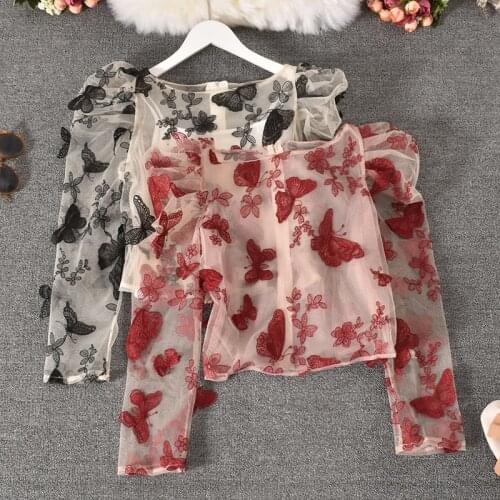 Korean Summer Mesh Sunscreen Shirts Women Sexy Perspective Short Blouse Chemise Femme Puff Sleeve Butterfly Embroidery Crop Top