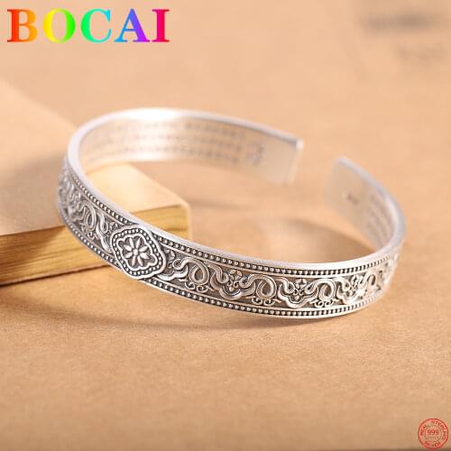 BOCAI S999 Pure Silver Bangle For Women National Style Female Exaggeration Retro Wide Opening Simple Argentum Bacelets