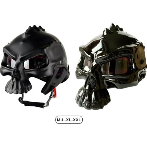 Black Motorcycle Half Helmet Built-in Goggles Skull Style for Couple Adults