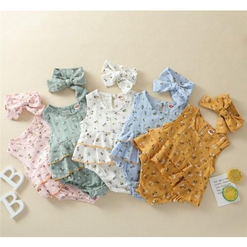 5 Color Summer Newborn Baby Girls Clothes Sets Toddlers Infant Floral Print Sleeveless Ruffle Hem O-Neck Romper+ Headwear