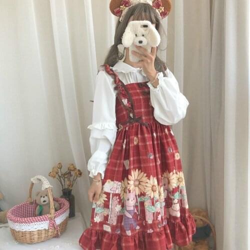 Summer Spring JSK Sweet Lolita Dress Ruffled Lolita Bow Straped Suspender Dress Cartoon Plaid Dress+Blouse Shirt Set AFC485