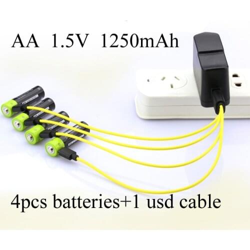 SORAVESS 4PC AA Lipo Lithium Polymer 1250mAh Battery ZNTER Rechargeable 2A 1.5V With Micro Cable Cell For Camera Toys