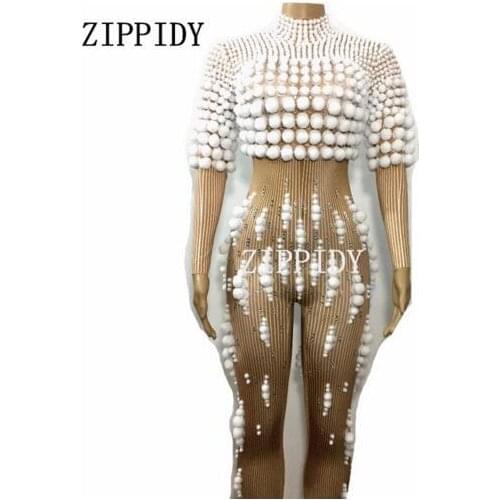 Fashion White Small Balls Christmas Show Stage Wear Female Singer Costume Womens Outfit Birthday Celebrate Clothing