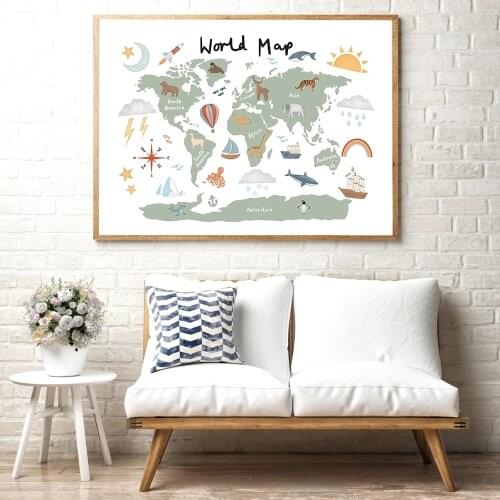 New World Map Woodland Animal Poster Home Interior Decoration Map with Animal Canvas Painting for Kids Room Wall Art Paintings