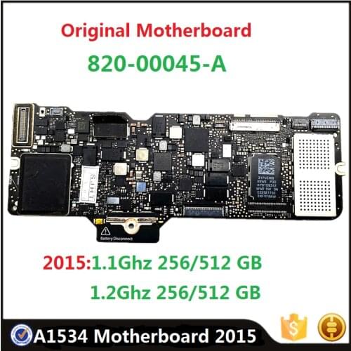 Original A1534 Motherboard 820-00045-A For Macbook 12" 2015 Year 1.1GHz 1.2GHz 8GB Ram 256GB 512G Logic Board Replacement Tested