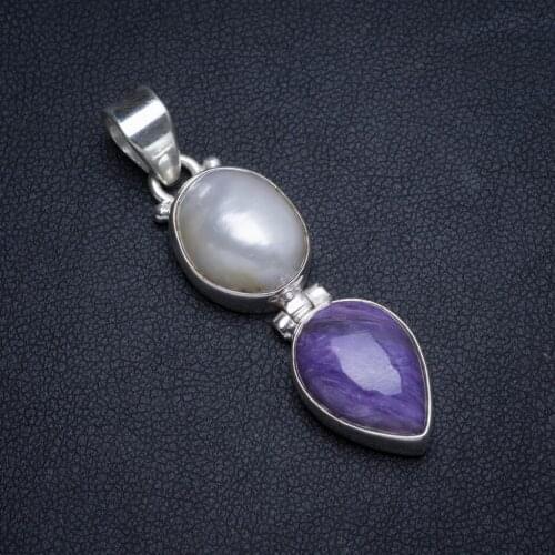 Natural Charoite and Biwa Pearl Handmade Unique 925 Sterling Silver Pendant 1.75" X0159