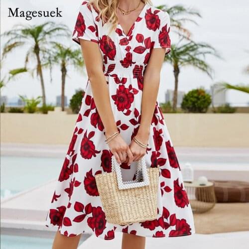 Plus Size Summer Sweet Women Dress V-neck Print Floral Elastic Waist Dress for Women Elegant Sexy Mini Dress Robe Vestido 15020