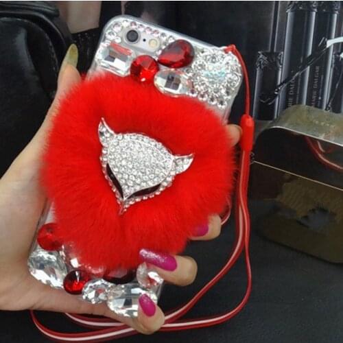 LaMaDiaa Luxury fox head Bling Warm Soft Rabbit Fur Hair Phone Case For SamsungA3 A5 A7 2017 A9 A8 A6 PLUS A50 A70 A80 A51 Coque