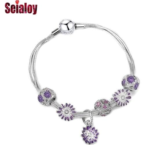 Seialoy New Purple Daisy Flower Charm Bracelets For Women Original Purple Daisy Beaded Moments Multi Snake Chain Bracelet gift