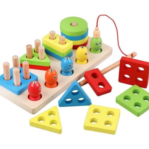 W3JF Wooden Toy Fishing Game Building Blocks Puzzle Sorting Toy for Toddler Baby