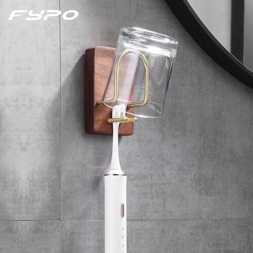 Fypo Creative Single Toothbrush Holder Cup Holder Bathroom Toothbrush Mouthwash Cup Holder Set Brass Wooden Storage Rack