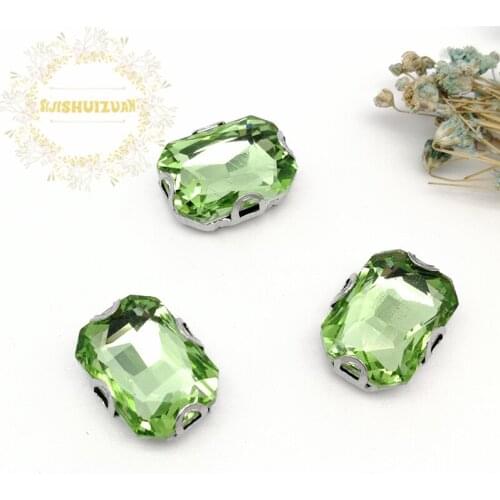 Light green Rectangle Glass Crystal sewing rhinestones with silvery D shape claw Diy wedding dress accessories Free shipping