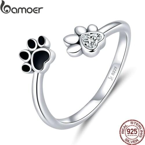 Bamoer Sterling Silver 925 Black Enamel Dog Paw Open Adjustable Finger Rings for Women Anti-allergy Jewelry Accessories SCR605